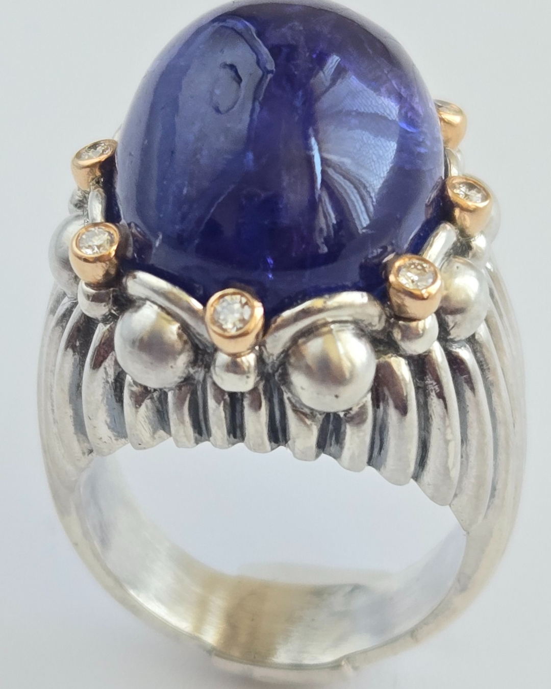 R805SKG - Sterling Silver with 18K Gold, Diamonds and Blue Tanzanite