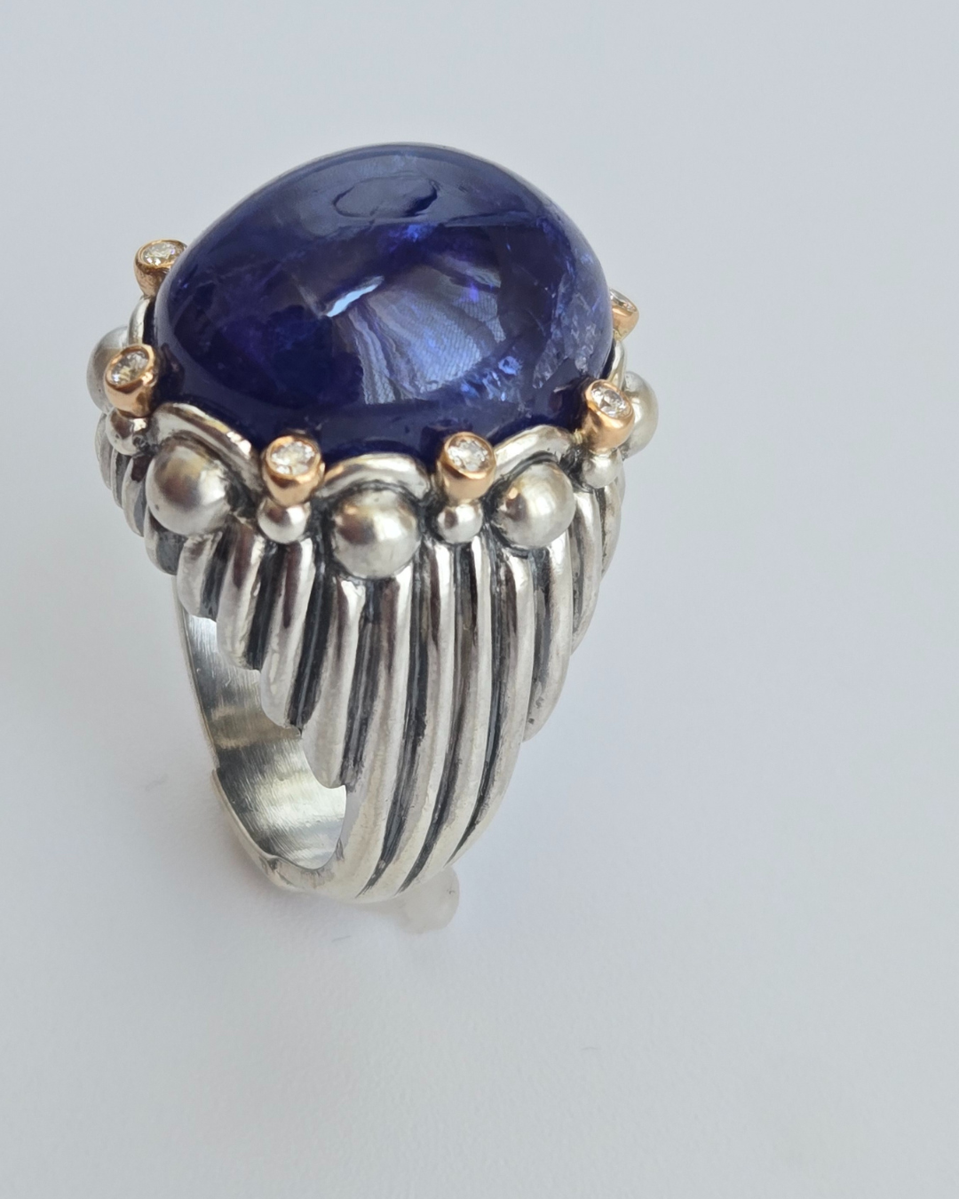 R805SKG - Sterling Silver with 18K Gold, Diamonds and Blue Tanzanite