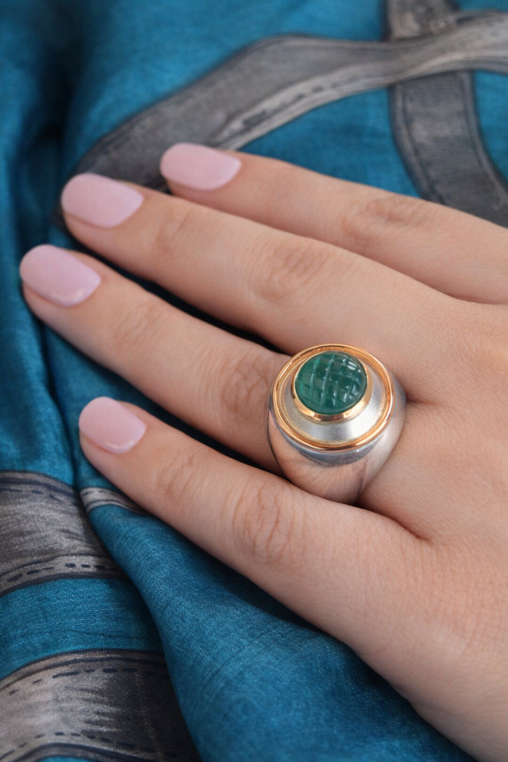 R822SKG - Sterling Silver with 18K Gold, and Carved Emerald