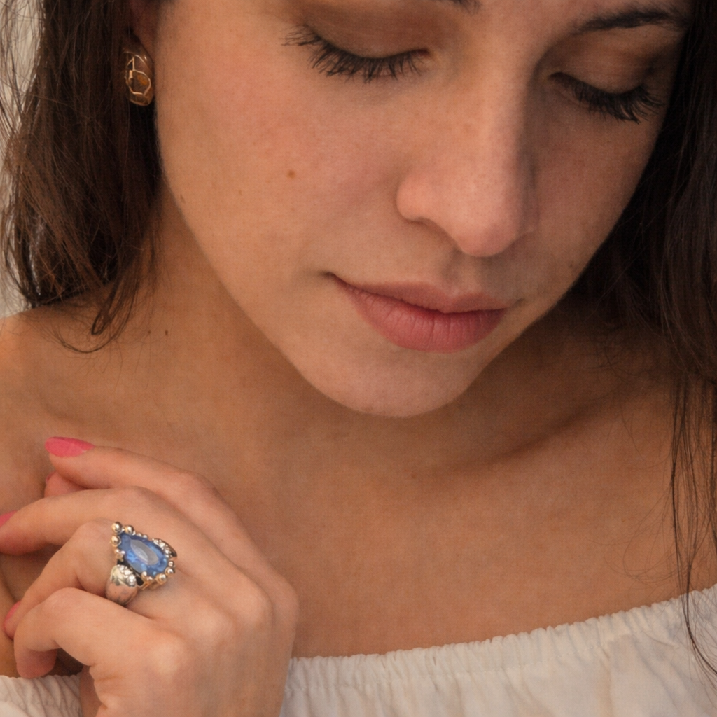 R 804SKG - Sterling Silver with 18K Gold, Yellow Topaz Stone and Blue Topaz Stone with diamonds